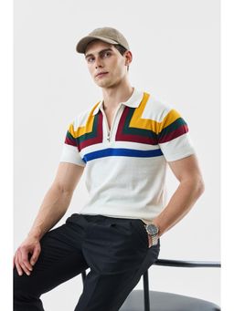 Snitch - White Colour-Block Half Sleeves Regular Polo T-Shirt