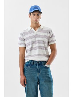 Snitch - Off White Stripes Half Sleeves Regular Polo T-Shirt