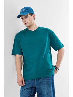 Snitch - Teal Solid Half Sleeves Oversized Casual T-Shirt