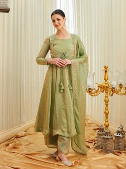 MOKOSH - Women's Pista Green Silk Embroidered Anarkali Kurta and Palazzo with Dupatta