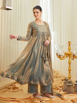 MOKOSH - Women's Tropical Blue Silk Embroidered Anarkali Kurta Palazzo with Dupatta