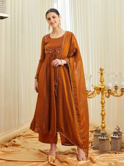 MOKOSH - Women's Rust Silk Embroidered Anarkali Kurta and Palazzo with Dupatta