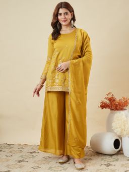 MOKOSH - Women's Light Mustard Silk Embroidered Kurta and Palazzo with Dupatta