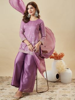 MOKOSH - Women's Lavender Silk Embroidered Kurta and Palazzo with Dupatta
