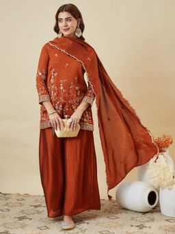 MOKOSH - Women's Rust Silk Embroidered Kurta and Palazzo with Dupatta