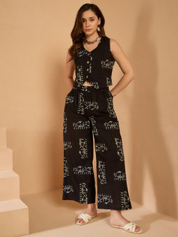 InWeave - Black Khadi Print Waistcoat and Palazzo