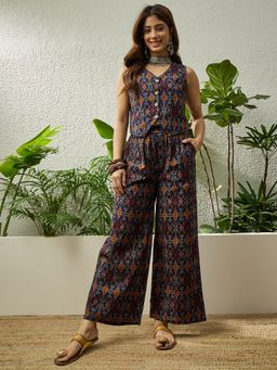 InWeave - Navy Blue Patola Ikkat Waist Co-Ord Set