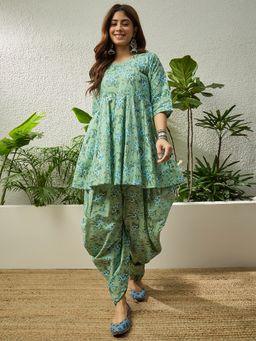 InWeave - Light Green Floral Kurta with Tulip Pant