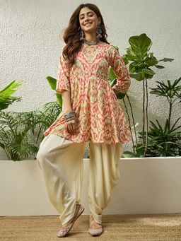 InWeave - Red Ikkat Kurta Cream Tulip Pant Set
