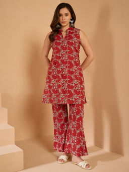 InWeave - Red Leaf Jaal Mandarin Neck Kurta and Palazzo