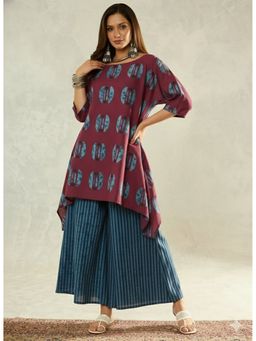 InWeave - Wine Geometric Boat Neck Kurta and Palazzo