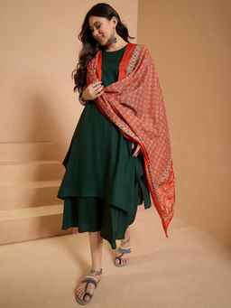 InWeave - Dark Green Round Neck Kurta and Palazzo with Dupatta