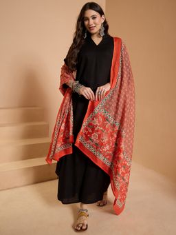 InWeave - Black Mandarin Neck Kurta and Palazzo with Dupatta