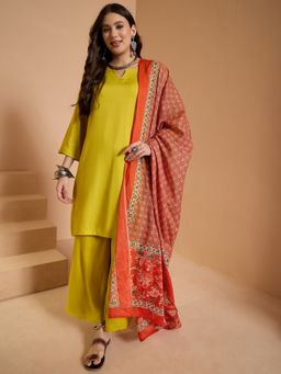 InWeave - Lemon Yellow Three Fourth Sleeve Kurta and Palazzo with Dupatta