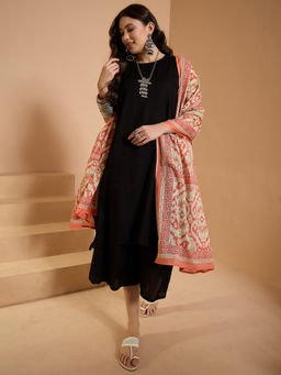 InWeave - Black Round Neck Short Kurta and Palazzo with Dupatta