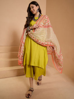 InWeave - Lemon Yellow Round Neck Kurta and Palazzo with Dupatta