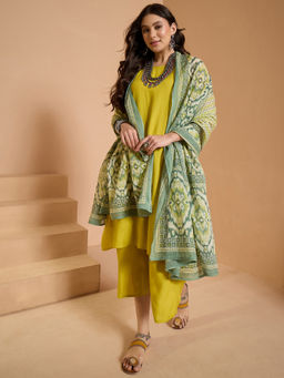 InWeave - Lemon Yellow Round Neck Kurta and Palazzo with Dupatta