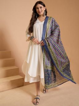 InWeave - White V Neck Flared Kurta and Palazzo with Dupatta