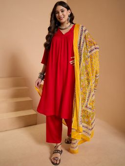 InWeave - Red V Neck Flared Kurta and Pant with Dupatta