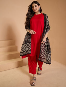 InWeave - Red R Neck Kurta and Pant with Dupatta