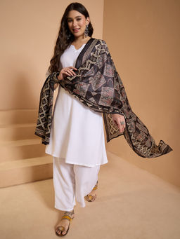 InWeave - White Full Sleeve Kurta and Palazzo with Dupatta