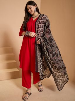 InWeave - Red V Neck Flared Kurta and Pant with Dupatta