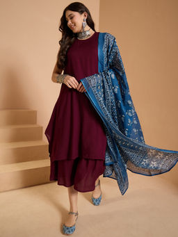 InWeave - Wine Round Neck Short Kurta and Palazzo with Dupatta
