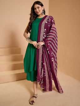 InWeave - Forest Green Round Neck Kurta and Palazzo with Dupatta