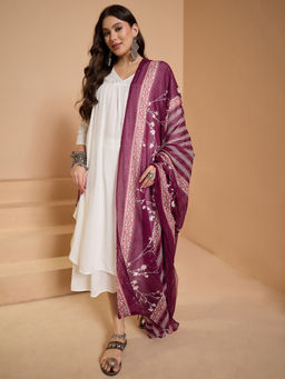 InWeave - White V Neck Flared Kurta and Palazzo with Dupatta