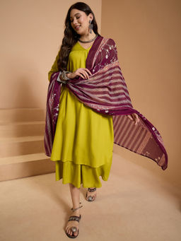 InWeave - Lemon Yellow V Flared Kurta and Palazzo with Dupatta