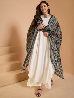 InWeave - White Strappy Long Anarkali and Palazzo with Dupatta