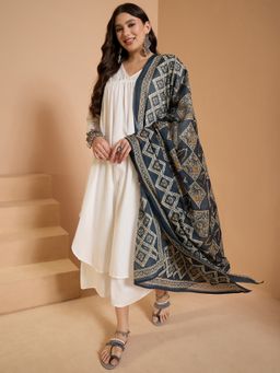 InWeave - White V Neck Flared Kurta and Palazzo with Dupatta