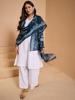 InWeave - White Three Fourth Sleeve Kurta and Palazzo with Dupatta