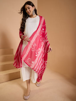 InWeave - White Round Neck Short Kurta and Palazzo with Dupatta