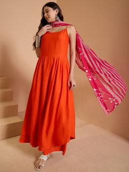 InWeave - Orange Strappy Long Anarkali and Palazzo with Dupatta