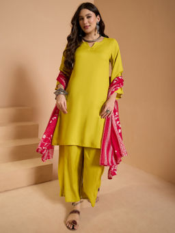 InWeave - Lemon Yellow Full Sleeve Kurta and Palazzo with Dupatta