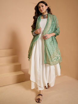 InWeave - White Strappy Long Anarkali and Palazzo with Dupatta