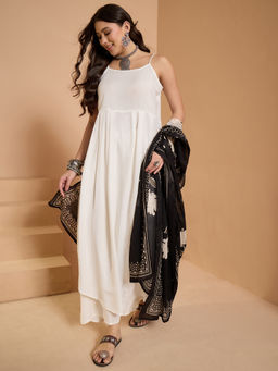 InWeave - White Strappy Long Anarkali and Palazzo with Dupatta