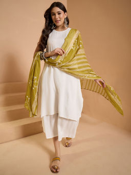 InWeave - White Round Neck Kurta and Palazzo with Dupatta
