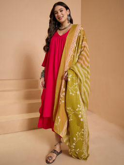 InWeave - Pink V Neck Flared Kurta and Palazzo with Dupatta