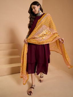 InWeave - Wine Round Neck Kurta and Palazzo with Dupatta
