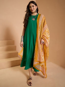 InWeave - Forest Green Round Neck Kurta and Palazzo with Dupatta