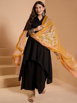 InWeave - Black Mandarin Neck Kurta and Palazzo with Dupatta