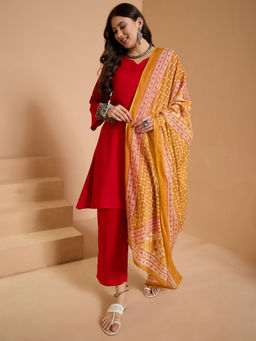 InWeave - Red Full Sleeve Kurta and Pant with Dupatta