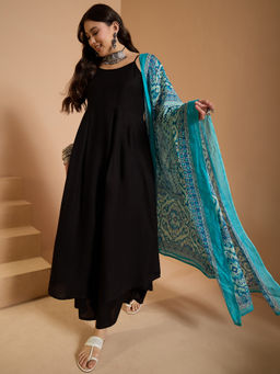 InWeave - Black Strappy Long Anarkali and Palazzo with Dupatta