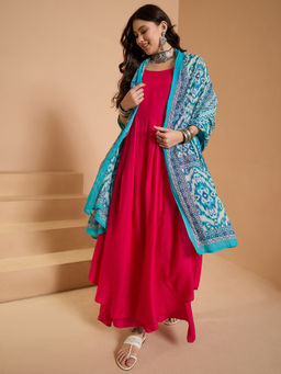 InWeave - Pink Strappy Long Anarkali and Palazzo with Dupatta