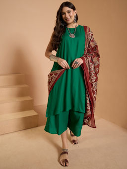 InWeave - Forest Green Round Neck Kurta and Palazzo with Dupatta
