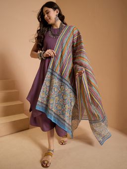 InWeave - Dusty Mauve Round Neck Kurta and Palazzo with Dupatta