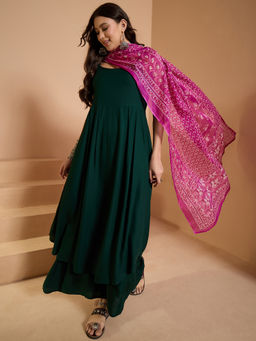 InWeave - Dark Green Strappy Long Anarkali and Palazzo with Dupatta