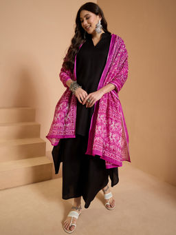 InWeave - Black Mandarin Neck Kurta and Palazzo with Dupatta
